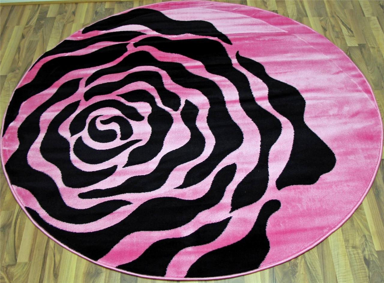 T1015 Pink Black White 6 Feet 5 inch Diameter Round Modern Area Rug Carpet Kitchen