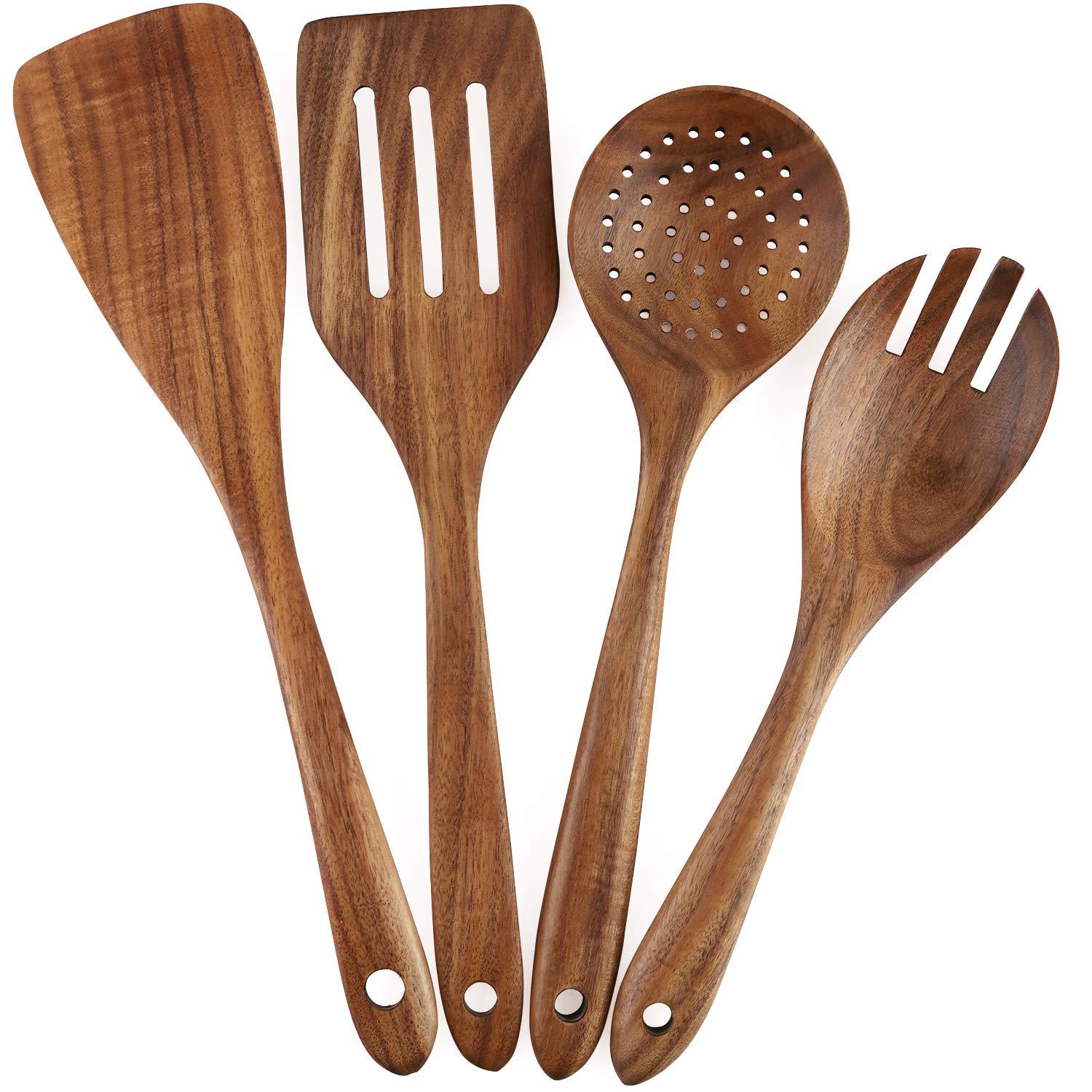 Wooden Cooking Utensils Set 4-Piece Wood Kitchen Utensil Set for Non Stick Cookware Wooden Spatula,Fork,Turner,Ladle,Strainer Spoons