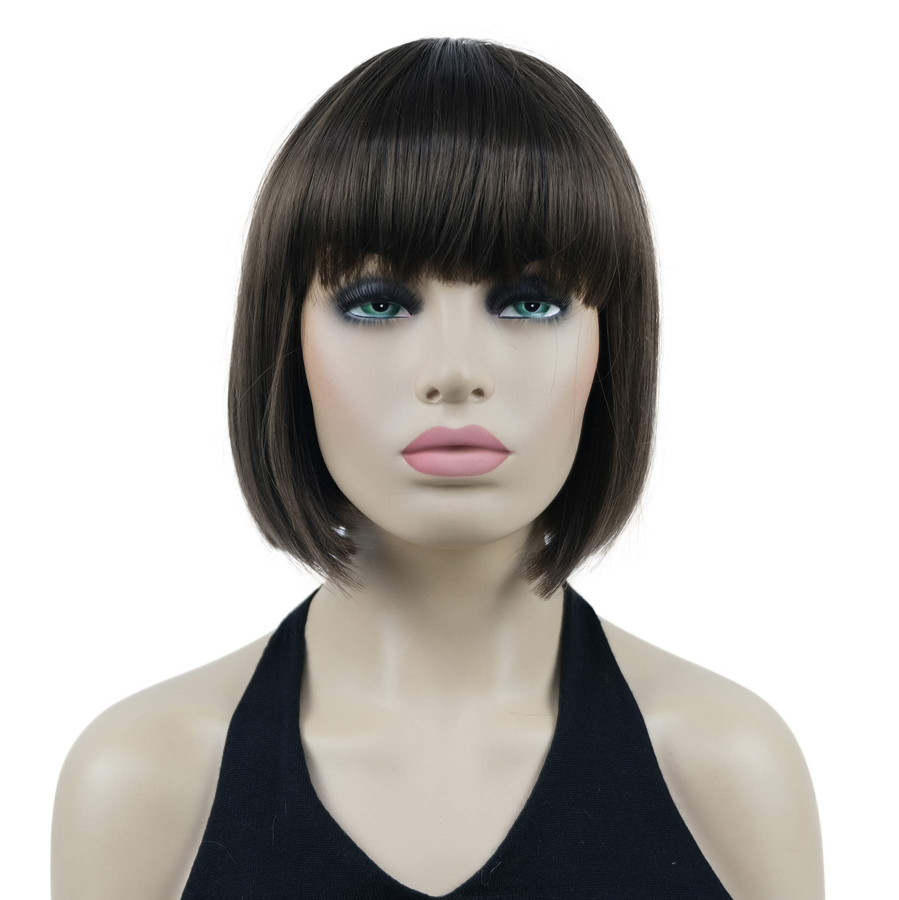 Lydell 8" Short Bob Hair Flat Bangs Cute Central Dot Skin Top Heat Resistant Synthetic Wigs (Light Chestnut Brown)