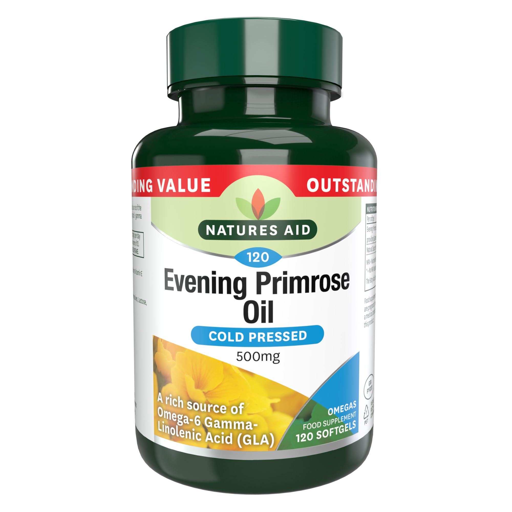 Natures Aid Evening Primrose Oil 500mg โ Cold Pressed Omega-6 GLA โ Supports Hormonal Balance, Skin Health & Anti-Inflammatory Function โ Non-GMO, Gluten-Free โ 120 Softgels