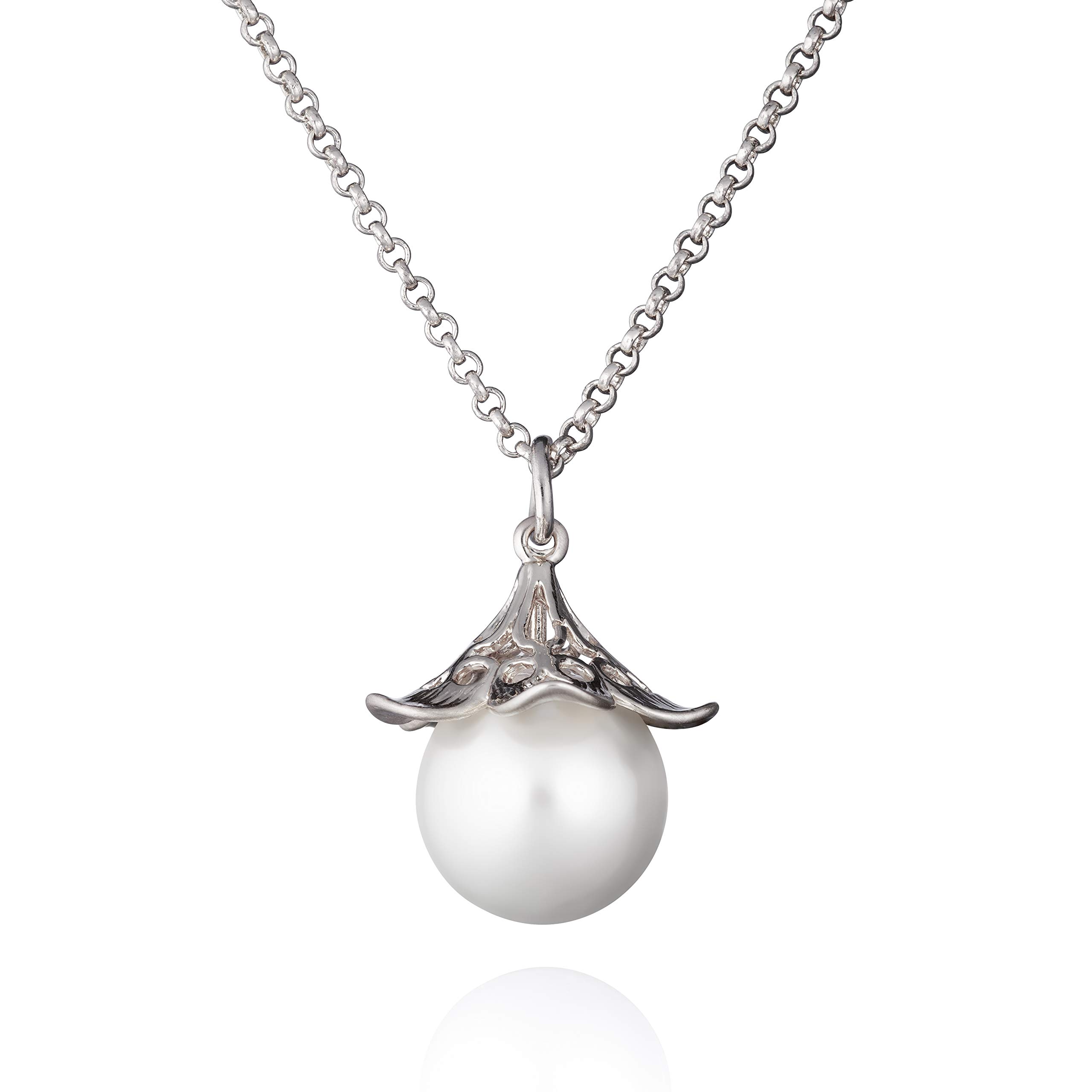 Namana Pearl Pendant Necklace for Women and Teenage Girls - Silver Flower With Filigree Details and Large Faux Pearl - Includes Jewellery Pouch