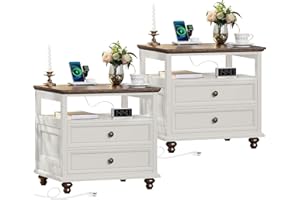 Joaxswe Farmhouse Nightstand Set of 2 with Charging Station, 24" Wide End Table with 2 Drawers,Dresser for Bedroom,Bed Side Table Chest of Drawers Cabinet,Wood White Night Stand for Living Room