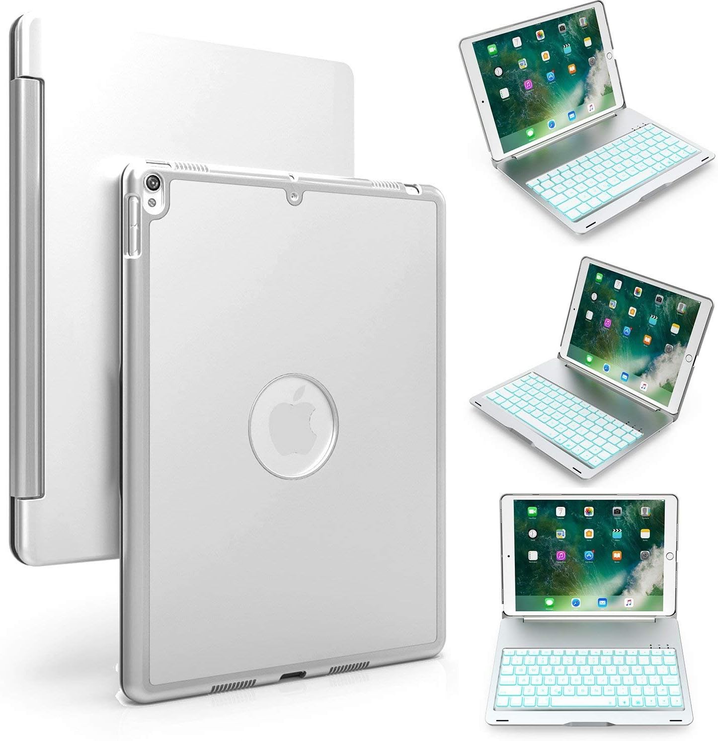 Genjia iPad Pro 10.5 Keyboard Case, Slim Auto Sleep-Wake Clamshell Hard Smart Cover with Wireless Bluetooth Keyboard Built-in 7-Color Backlit for Apple 2017 iPad Pro 10.5 Inch (Silver)