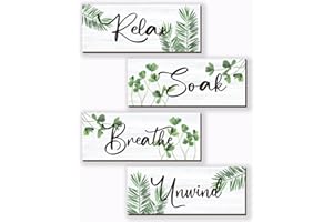 ONIZHITY 4 Pcs Farmhouse Bathroom Wall Decors Relax Soak Unwind Breathe Wooden Word Sign Green Hanging Wall Art Rustic Office Wall Decor for Bedroom Living Room Vintage Decorations(Green Leaves 10X4 Inch)