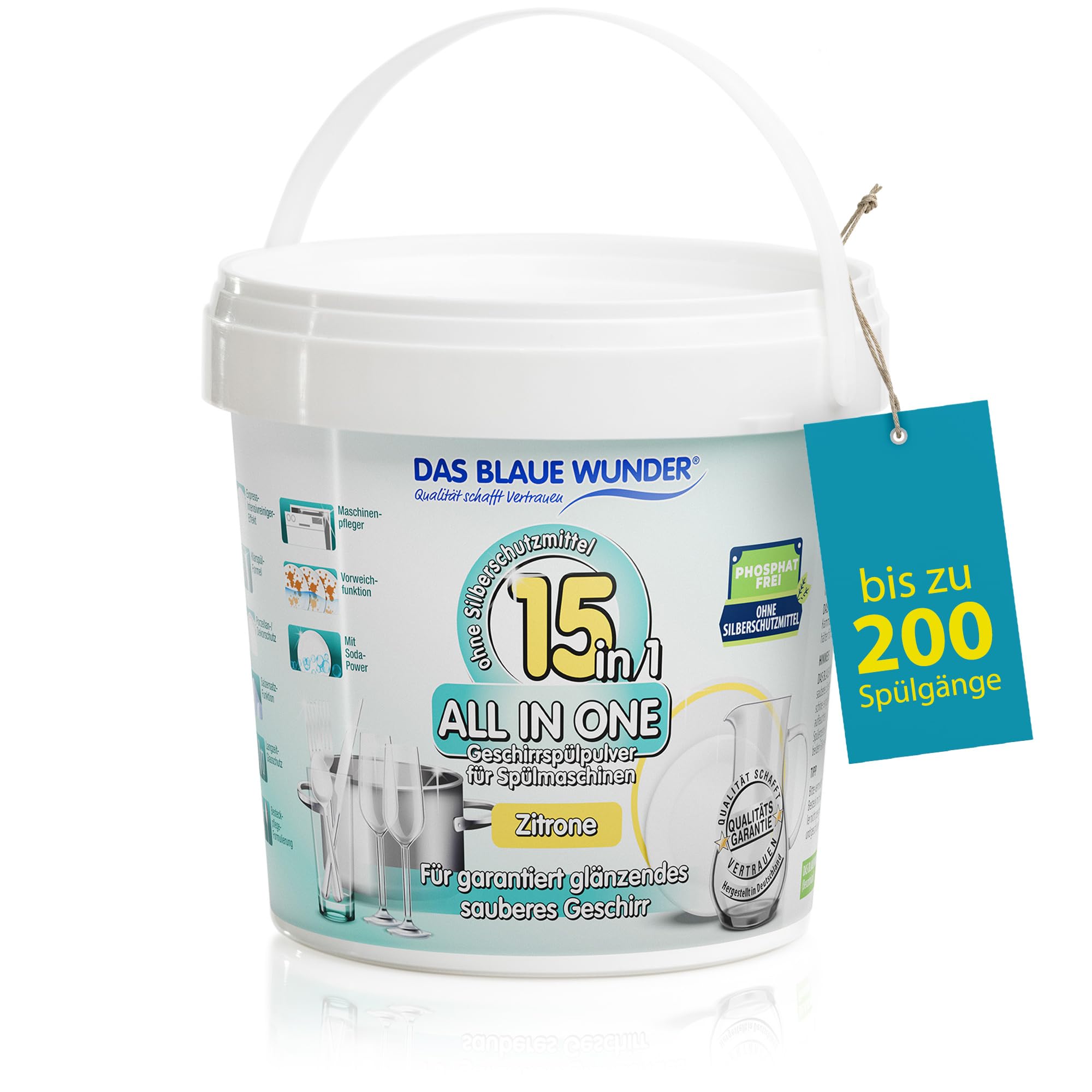 Das Blaue Wunder All In One Geschirrspülpulver 15in1 1.000g | Spülmaschinenpulver | 15 Funktionen | sehr ergiebig | Power Entkruster | Maschinenpflege | phosphatfrei (Zitrone)