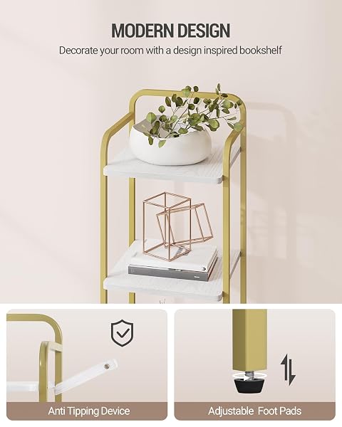 HZUANERI BOOKCASE BOOKSHELF, NARROW BOOK SHELF, INDUSTRIAL CORNER SHELF STORAGE ORGANIZER, SLIM SHELVING UNIT FOR HOME OFFICE, LIVING ROOM, BEDROOM, KITCHEN, 5-TIER WHITE GOLD BC24513G