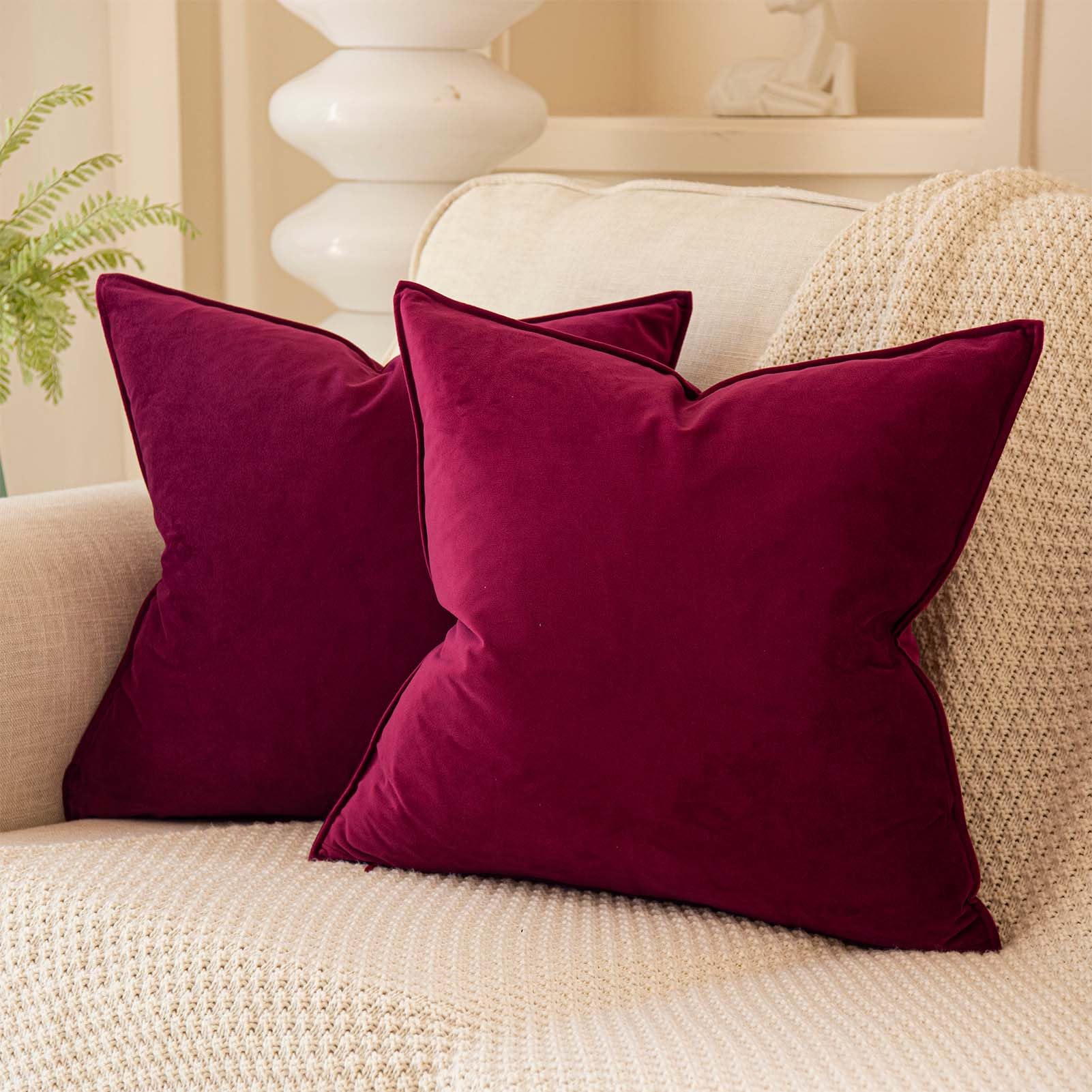 JUSPURBET 18x18 Throw Pillow Covers Set of 2 Decorative Pillow Covers for Couch Sofa Bed Cozy Velvet Cushion Covers Cases with Invisible Zipper for Living Room Home Decor,Burgundy