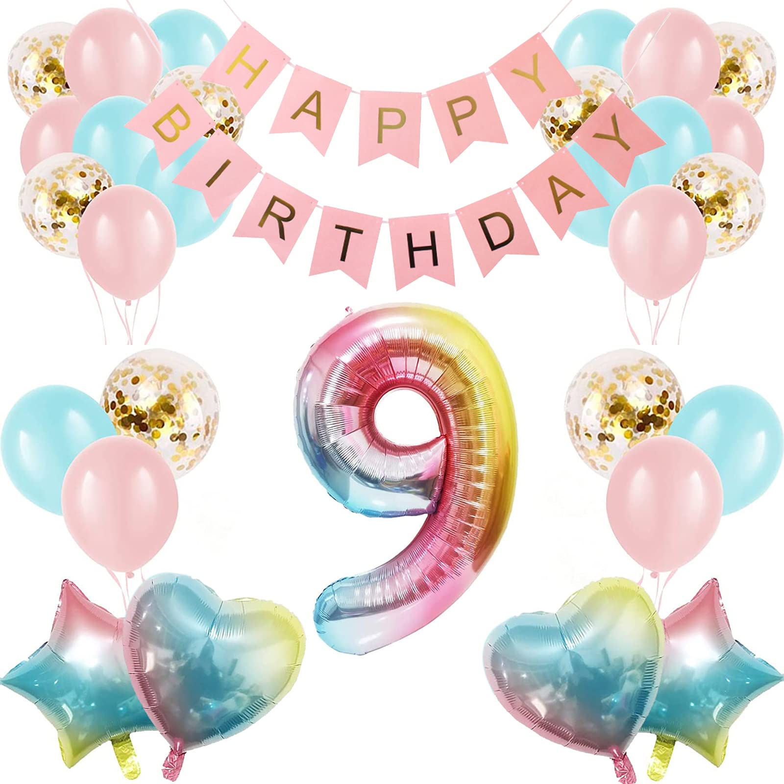 Apradas Baby Girl 9th Birthday Decorations Gradient Color Age 9 Birthday Balloons with Happy Birthday Banner for Baby Showers Ninth Birthday Party Supplies for Girls Boys (9th-Birthday)