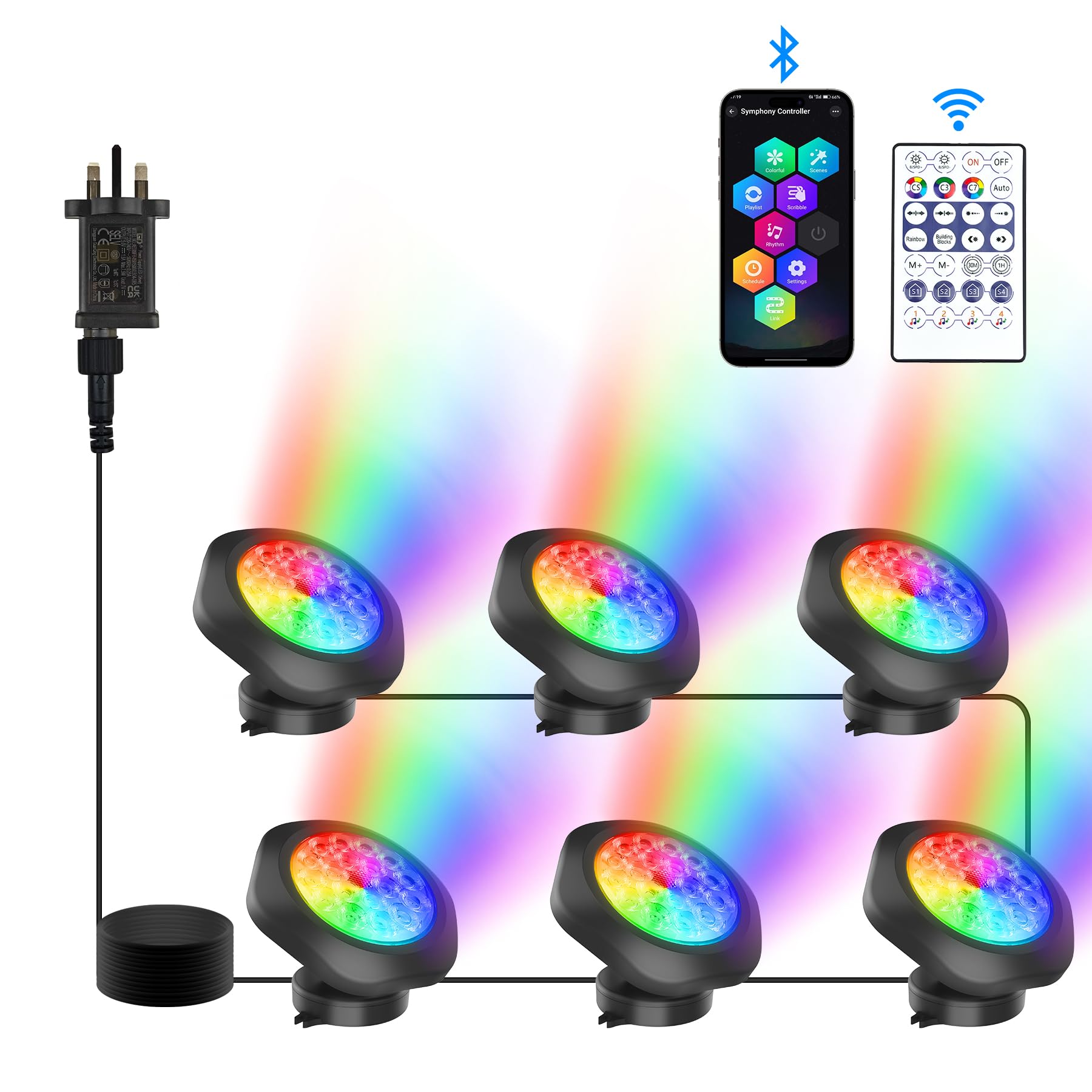 NATPOW Pond Lights, RGB Underwater Spotlights Mains Powered, Aquarium Lights with Bluetooth APP Control, IP68 Waterproof Submersible Landscape Spotlights for Garden, Yard, Pool, Fountain(6 in 1)