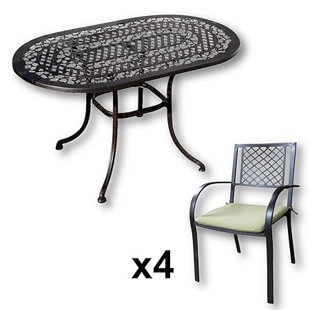 Lazy Susan - ELISE 136 x 81 cm Ovaler Gartentisch mit 4 Stühlen - Gartenmöbel Set aus Metall, Antik Bronze (JANE Stühle, Grün