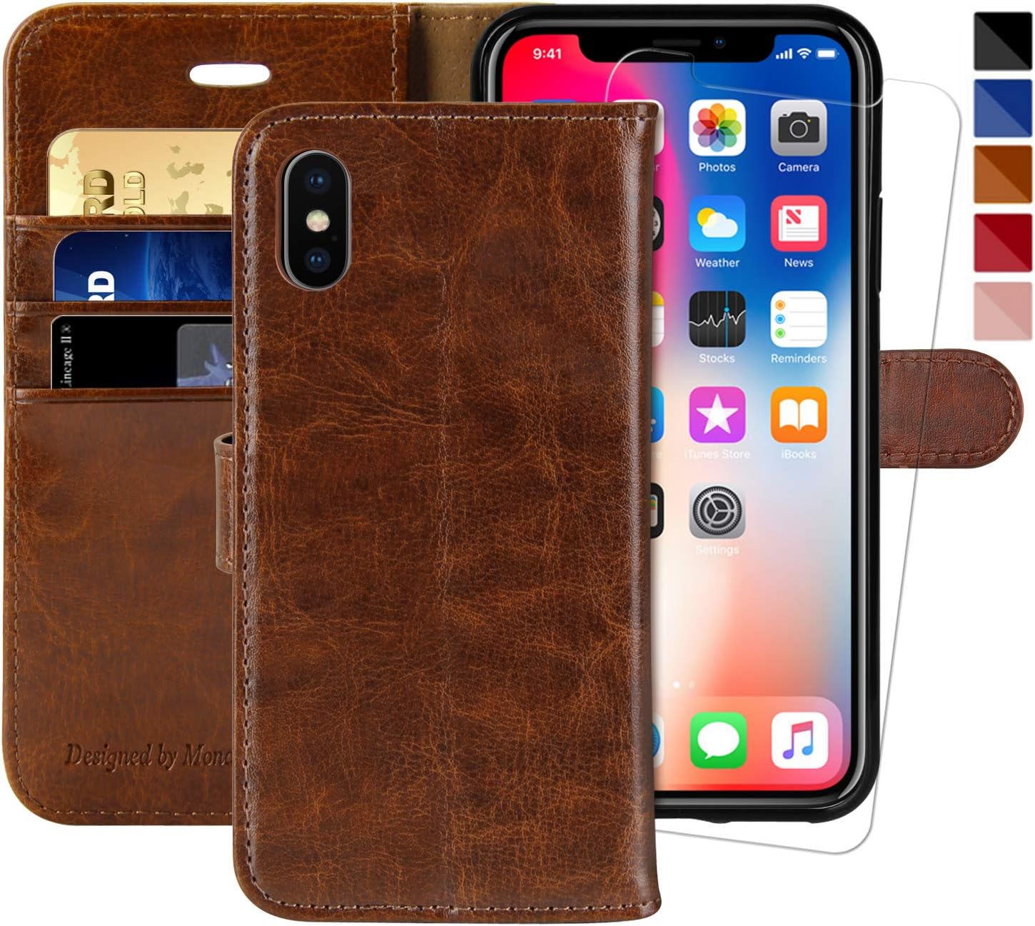 MONASAY iPhone X Wallet Case/iPhone Xs Wallet Case,5.8inch, [Glass Screen Protector Included