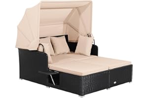 Tangkula Patio Rattan Daybed, Wicker Daybed Lounger w/Retractable Canopy, 2 Foldable Side Panels, Thick Seat & Back Cushions, Double Conversation Bed for Garden, Backyard, Porch, Lawn
