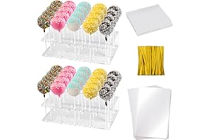 JMGO 2pcs Cake Pop Stand 20 Holes Acrylic Clear Lollipop Display Stand Holder with 100pcs Sticks and Wrapper Kits for Wedding