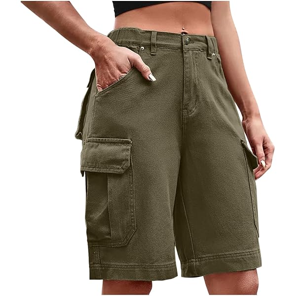POHADON Women's Casual Loose Fit Multi-Pockets Twill Bermuda