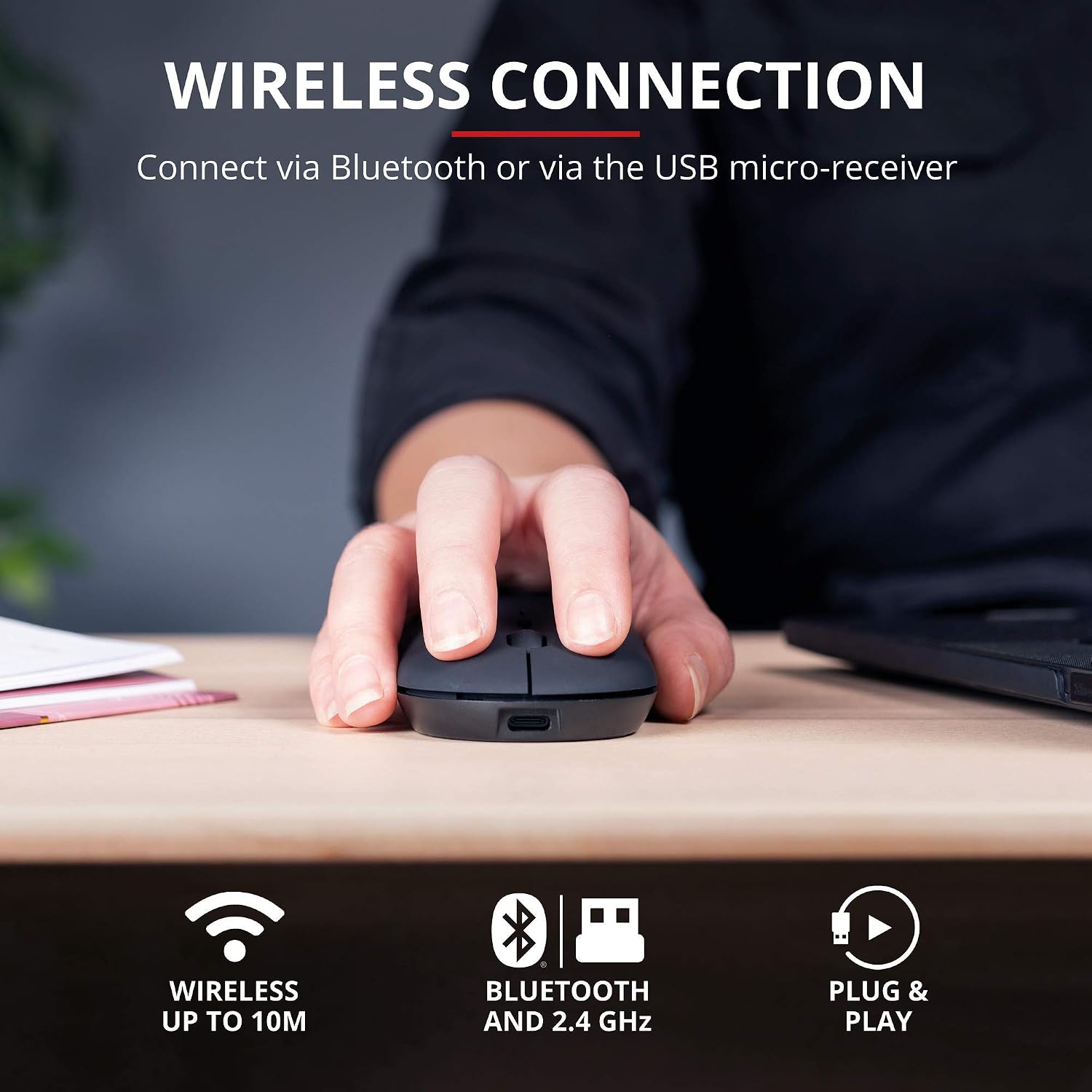 Trust Puck Wireless Mouse, Bluetooth or 2.4 GHz with USB Mini-Receiver, Rechargeable Battery, Silent Clicks, DPI Button - Image 3