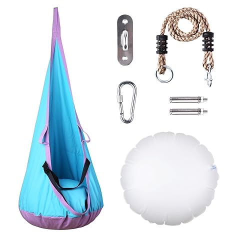 femor Hängehöhle Kinder Hängesessel mit Haken und Hängende Seile, Hängesack als Kuschelhöhle Oder Turngerät für Kinder, Blau-