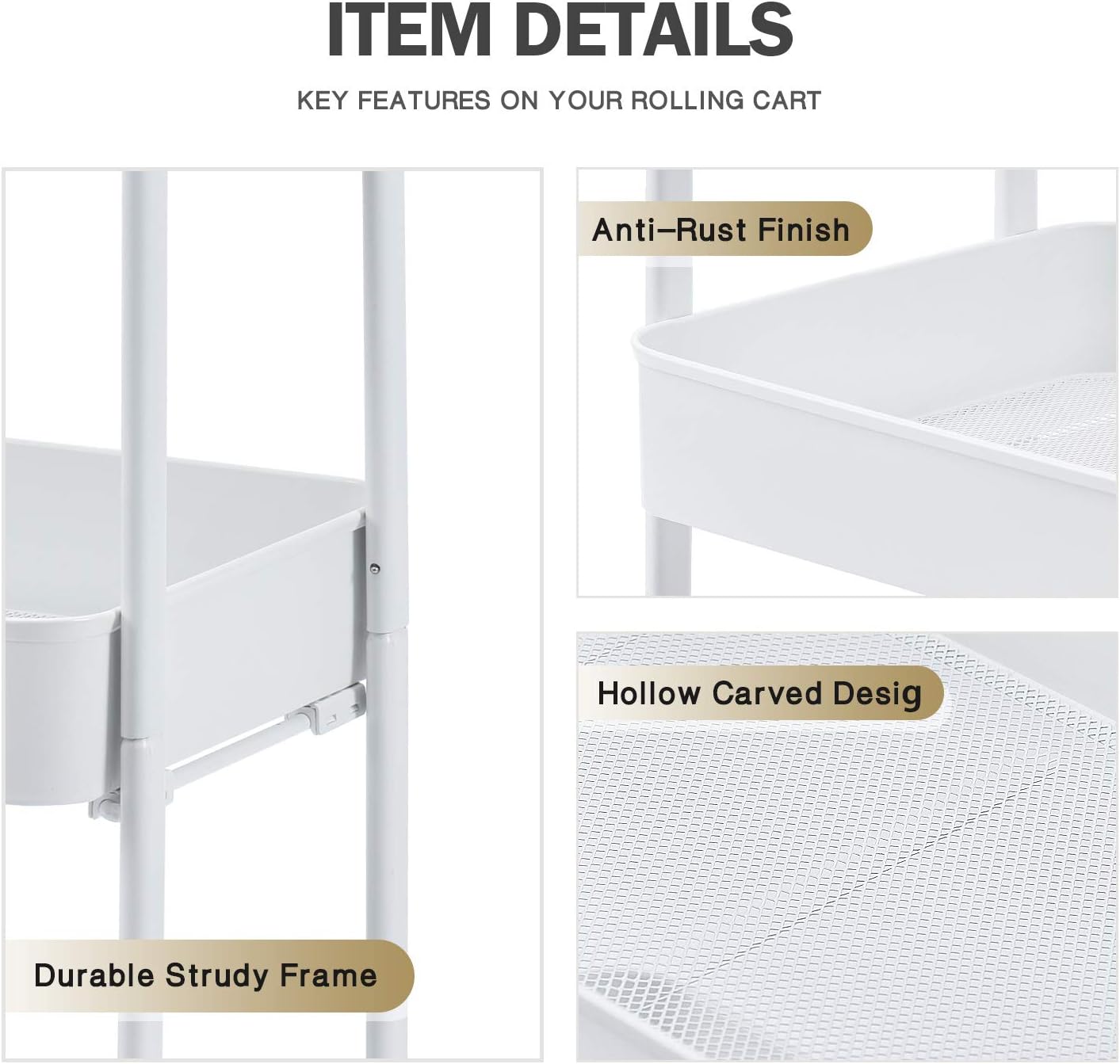 TOOLF 3 Tier Rolling Cart, No Screw Metal Utility Cart, Easy Assemble Utility Serving Cart, Sturdy Storage Trolley with Handles, Locking Wheels, for Classroom Office Home Bedroom Bathroom, White : Office Products