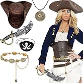 5 Pcs Renaissance Pirate Costome Accessories Women Men Adult Pirate Hat Tricorn Hat Eye Patch Necklace Waist Chain Pirates Costome Decorations Halloween Exchange For Male Female Party Pirates Cosplay