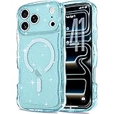Pepmune Magnetic for iPhone 17 Pro Max Case Clear, Sparkly Bling Glitter Cute Curly Wave Cover for Women Men Compatible with MagSafe TPU Shockproof Protective Phone Case for iPhone 17 Pro Max, Blue