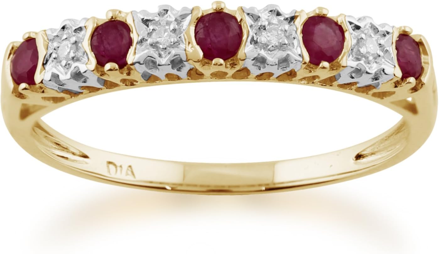 9ct Yellow Gold 0.31ct Natural Ruby & 2pt Diamond Half Eternity Ring