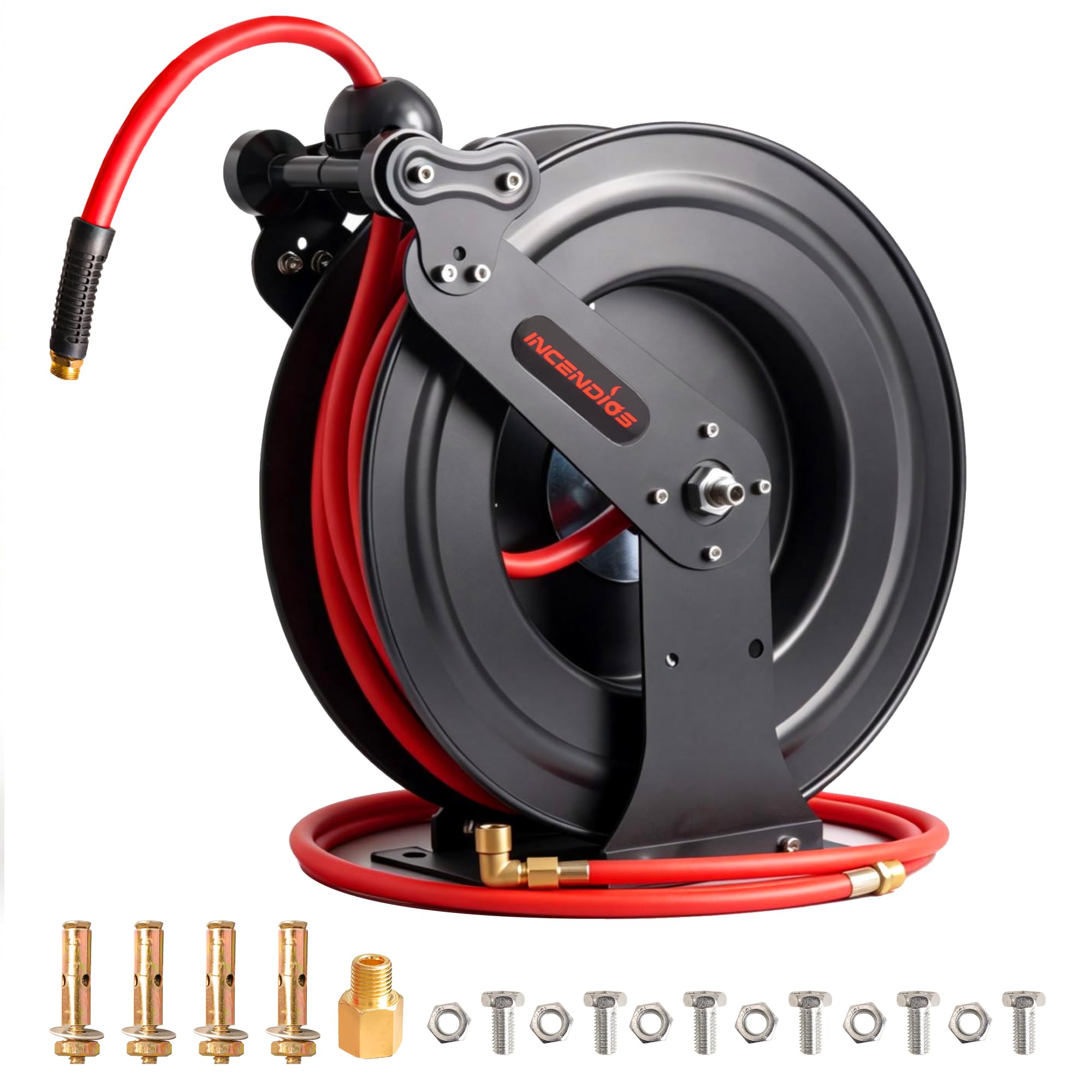 retractable air hose reel - 1/4" x 50 ft hybrid polymer air compressor hose reel, heavy duty industr