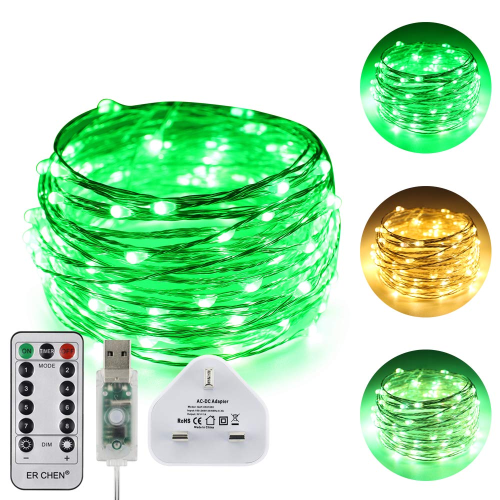 ER CHEN USB Dual-Color Led String Lights, 33FT 100 Leds Color Changing Dimmable 8 Modes Silver Copper Wire Fairy Lights with Remote Timer for Indoor Outdoor Christmas (Warm White, Green)