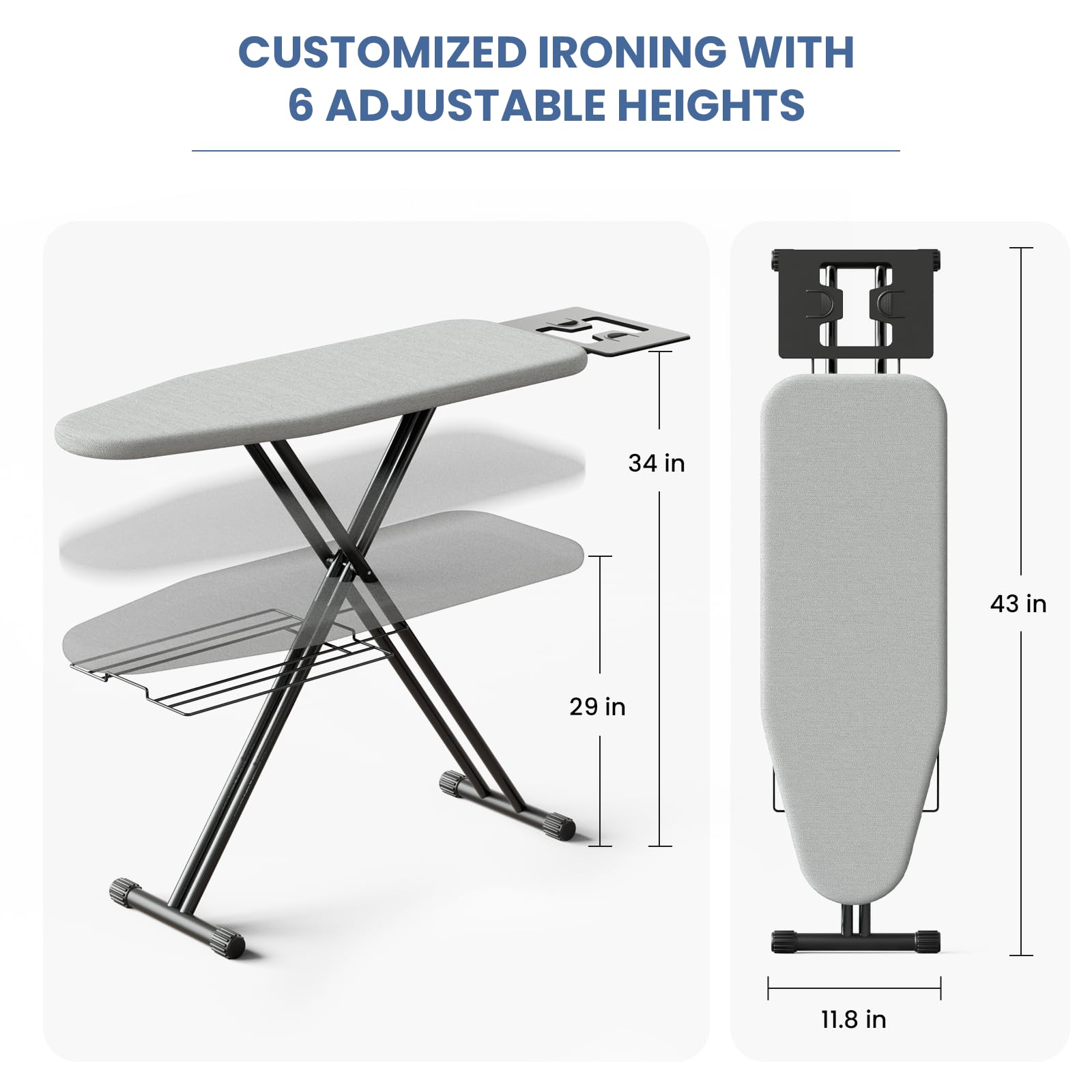 YIERYA Ironing Board with Iron Rest,Small Foldable Iron Board Reinforced Steel Legs,Adjustable Height Hanger Iron Board with 2 Heat Resistant Cover,43 x 12