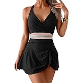 Aidonger Women One Piece Swimsuit V Neck Swimdress Color Block Bathing Suit Skirt Tummy Control Tie Back Swim Dress