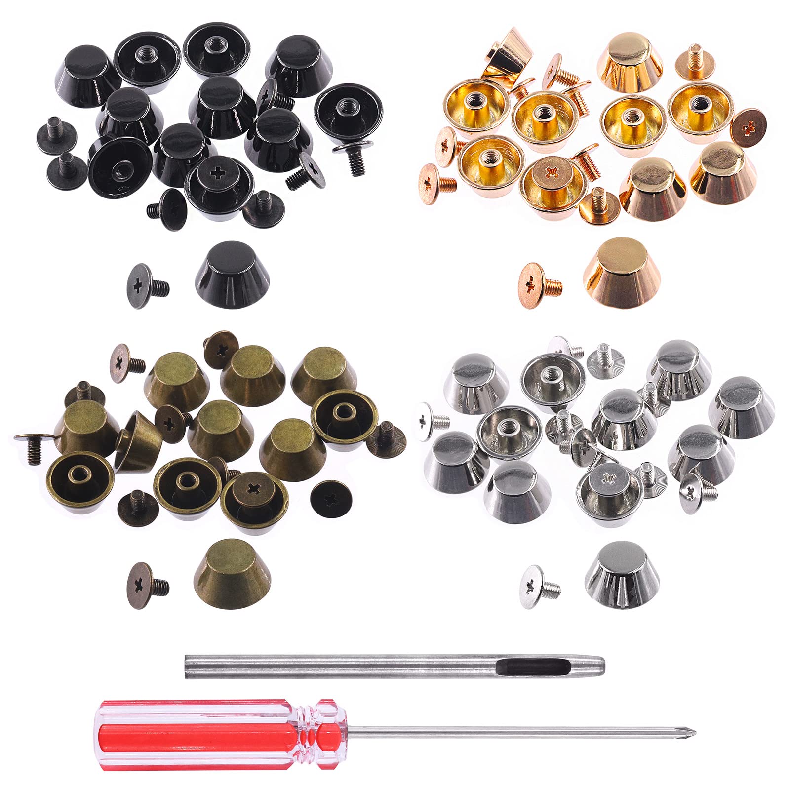 Swpeet 42 Sets 4 Colors 11.5x5mm - 0.45x0.2inch Alloy Screw Back Spike Purse Handbag Feet and Screwdrive with Circular Hole Punch Kit, Button Cap Rivets Screw Back Punk Studs Spikes