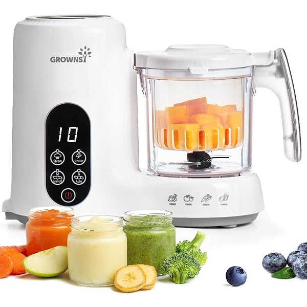 GROWNSY BABY FOOD MAKER WITH STEAM BASKET, ONE STEP BABY FOOD PROCESSOR STEAMER PUREE BLENDER GRINDER MILLS MACHINE, AUTO COOKING GRINDING AND STERILI-ZING FOR HEALTHY HOMEMADE BABY FOOD, WHITE