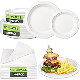 Greconv Disposable Paper Plates Set, 7-inch, 9-inch Eco friendly Heavy Duty Plates and Napkins Party Supplies, Compostable Dessert Dinner Paper Plate White, For 100 Guests