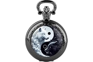 CUSTCH Creative Yin and Yang Wolf Eagle Graphic Quartz Pocket Watch with Chain for Women Men Necklace Unique Pendant Clock Watch Gift Accessories