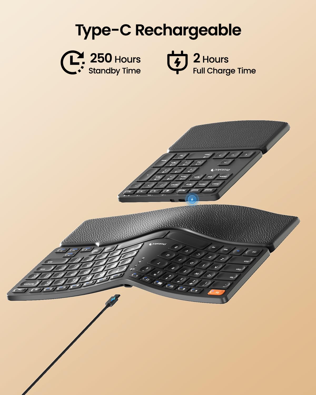 ProtoArc Wireless Ergonomic Keyboard, EK04 2.4GHz USB Wireless Ergo Keyboard with Separate Numeric Keypad, Split Design, Hard Wrist Rest, Rechargeable, for Windows PC/Laptop/Desktop