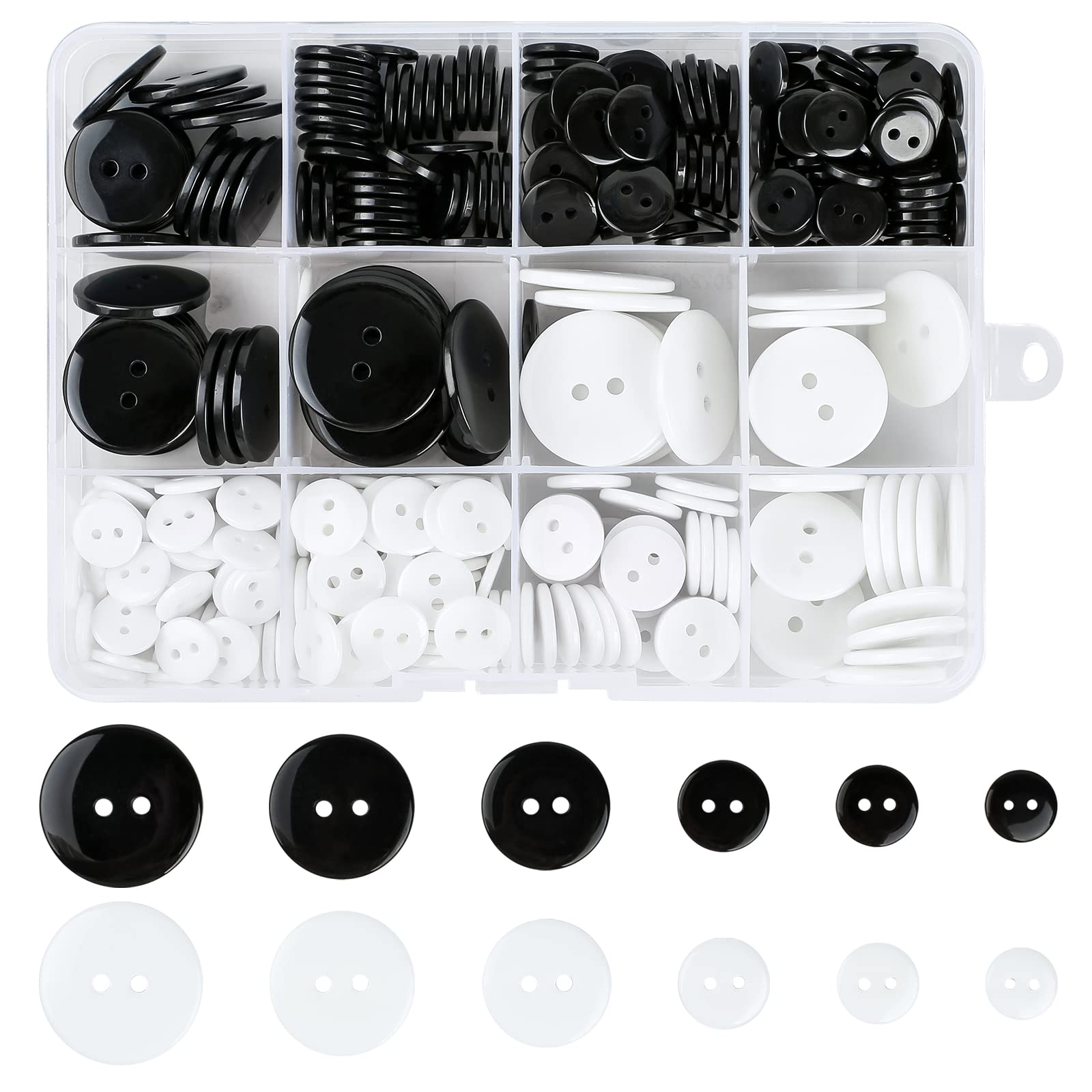 Ysimple 336Pcs Black and White Round Resin Buttons with 6 Sizes - 2-Hole Button with Storage Box for Sewing, Suit Coat, DIY Decoration, Crafting Handmade