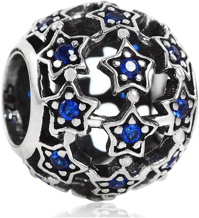 Ollia Jewelry My Star Charm Bead with Blue CZ 925 Sterling Silver for Women fit European Style Charms Bracelets