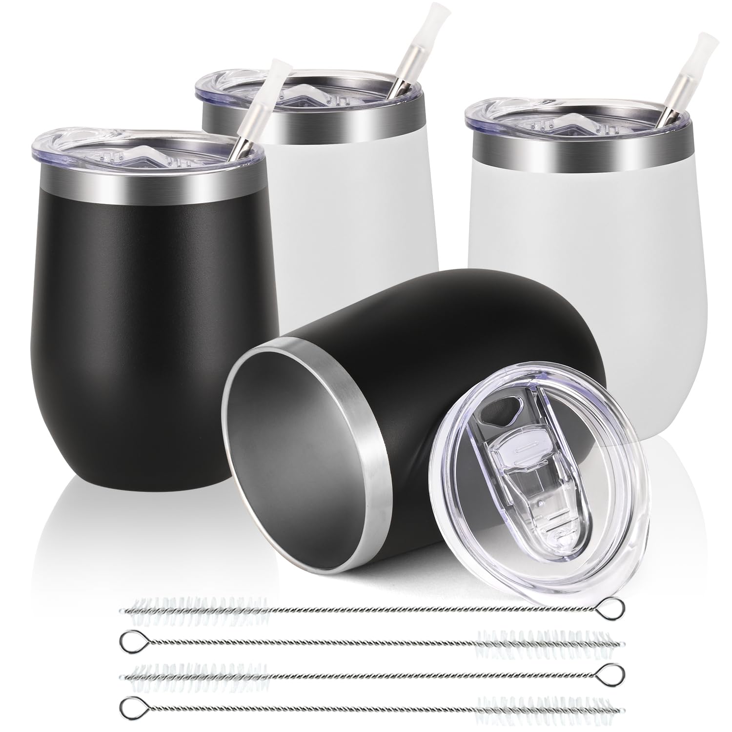 Joymaking Reusable Coffee Cup, Double Walled -Insulated Travel Mug Vacuum Stainless Steel Wine Tumbler with Spill Proof Lid, Great for Hot Cold Drinks Coffee Wine, 4 Piece Set 12 Oz Black White