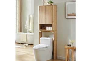 ACCOHOHO Modern Over The Toilet Storage Cabinet with Adjustable Shelf & Handle-Less Double Doors, 67 Inch Tall Wooden Bathroom Cabinet, Natural Oak