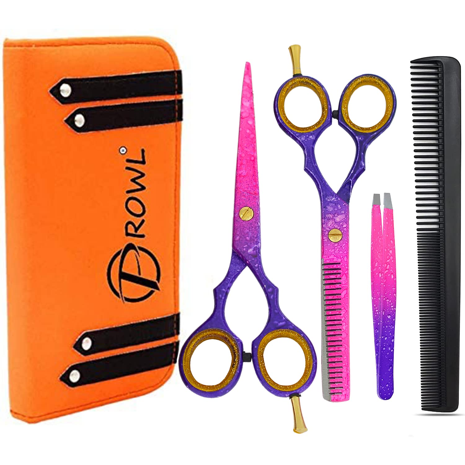 PROWL Professional Hairdressing Scissors Set (5.5 Inch) – Hair Cutting Scissor & Thinning Scissor with Comb, Beauty Tweezer and Case – Perfect for Men, Women, Children, and Adults