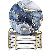 Dksyee Coasters Set of 6, Navy Blue Marble Abstract Round Ceramic Coasters with Holder, Best Absorbent Drink Coaster Set, Coffee Table Decor for Home Decor House Warming Gifts New Home