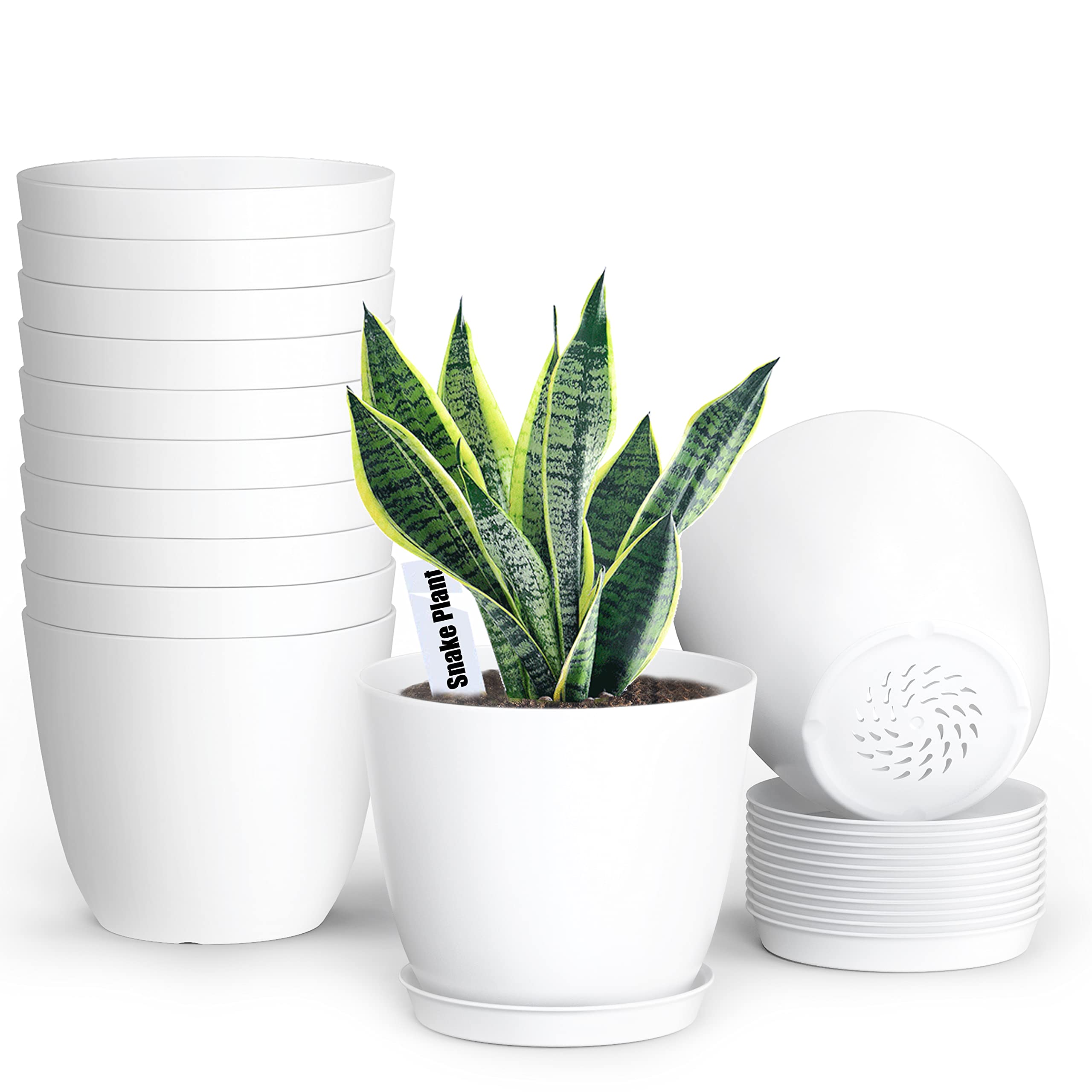 Photo 1 of SwinDuck Plant Pots, 12 Pack 6 inch Modern Plastic Planters with Drainage Holes and Saucers for Indoor Outdoor Plants and Flowers, White