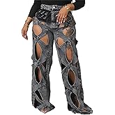 Women Sexy Hollow Out Baggy Jeans Y2k High Waisted Straight Leg Criss Cross Denim Pants