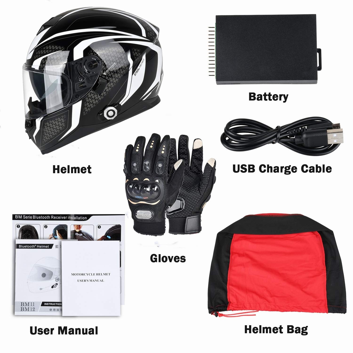 Bluetooth Motorcycle Helmet FreedConn BM12 DOT Full Face Bluetooth Helmets Motorcycle Dual Visor Helmet with Integrated Intercom System/ 2~3 Riders Pair/ 500M/ FM (Black & White, XL)