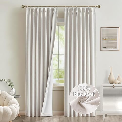 Natural Linen Pinch Pleated Curtains 96 inches Long 2 Panels 100% Blackout Linen Curtains for Living Room Bedroom Back Tab Room Darkening Two Pages Pinch Pleat Drapes with Hooks 40" Wx96 L