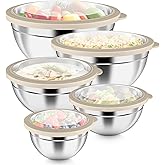P&P CHEF Mixing Bowls with Visible Airtight Lids Set of 5, 10-Piece Stainless Steel Mixing Nesting Bowl, Metal Bowl with Lid for Kitchen Prepping & Storing, Size 4.6, 3, 1.5, 1, 0.7 QT, Khaki