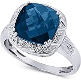 KOKAV 925 Sterling Silver Genuine London Blue Topaz 9mm Cushion, Diamond Ring. Size 7