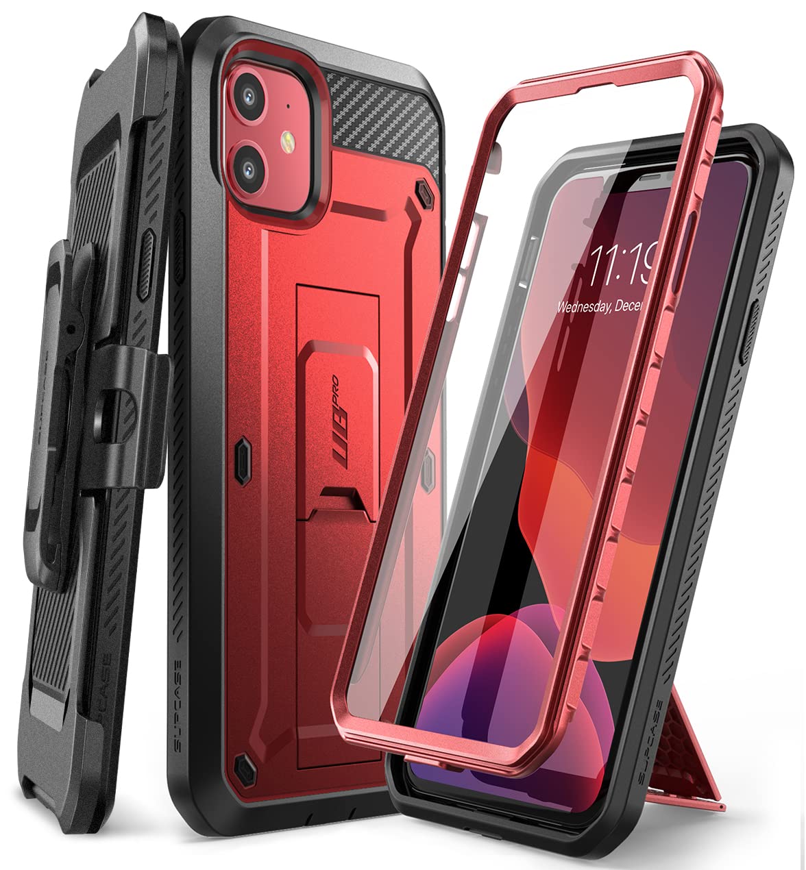 SUPCASE for iPhone 11 Case with Screen Protector (Unicorn Beetle Pro), [Built-in Stand & Belt Clip] [Military-Grade Protection] Heavy Duty Full-Body Protective Phone Case for iPhone 11 6.1", Red