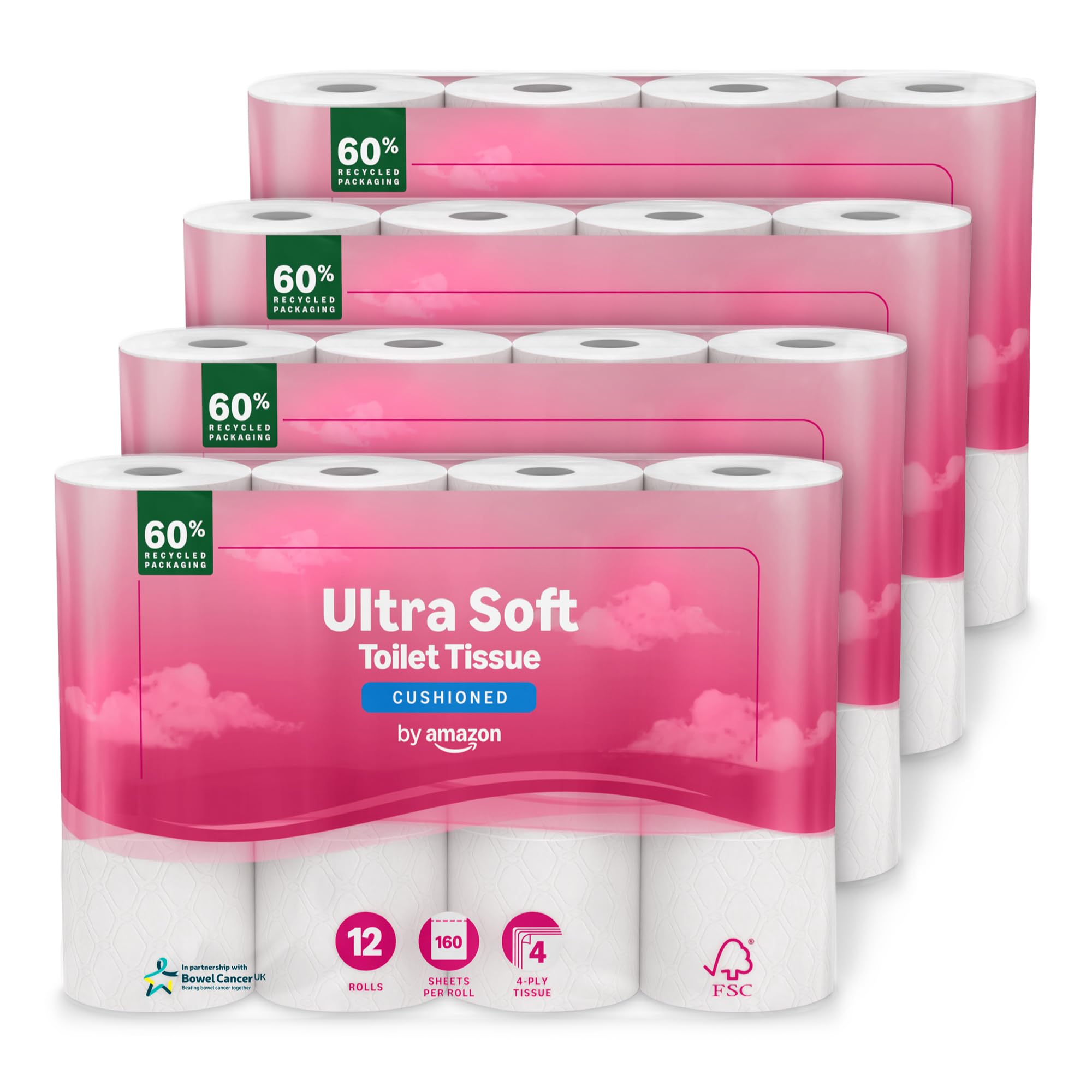 by Amazon 4-Ply Quilted Toilet Tissues, Unscented, 12 Rolls (4 Packs of 12), 160 Sheets per Roll