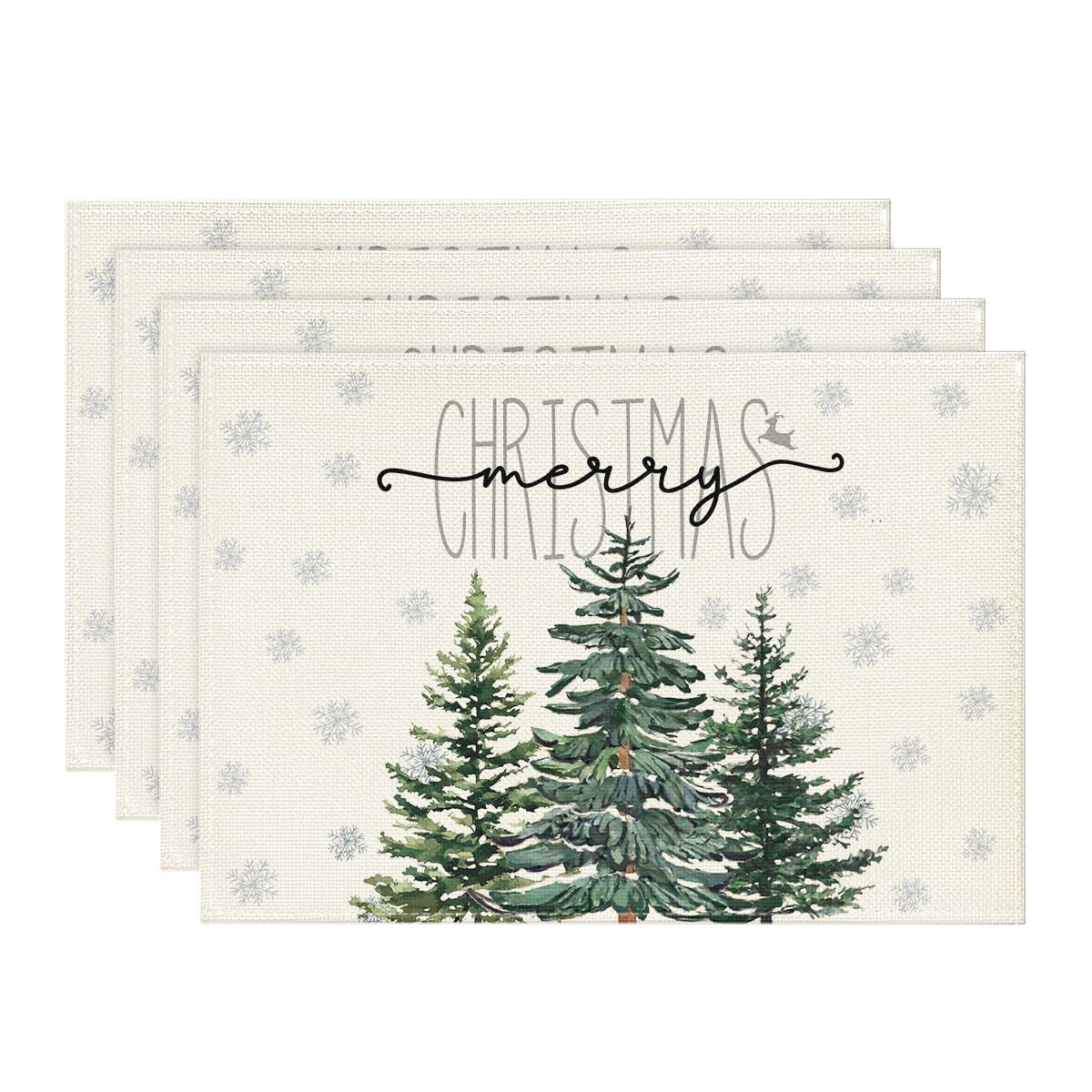 Photo 1 of Artoid Mode Beige Pine Tree Snowflake Merry Christmas Placemats Set of 4, 12x18 Inch Seasonal Winter Xmas Holiday Table Mats for Party Kitchen Dining Decoration