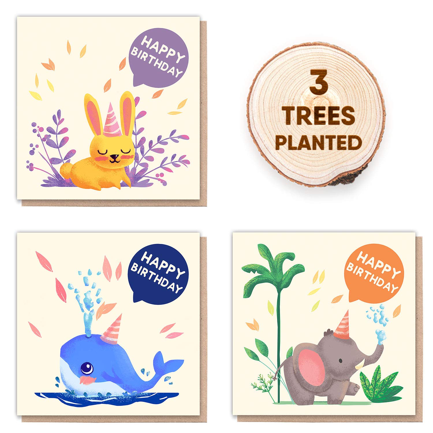1 Tree Cards Kids Birthday Cards Multipack | Rabbit, Whale and Elephant Bday | 3 Trees Planted with Plantable Seed Cards that Grow Flowers Inside | Recycled Eco Gifts (Little Critters)