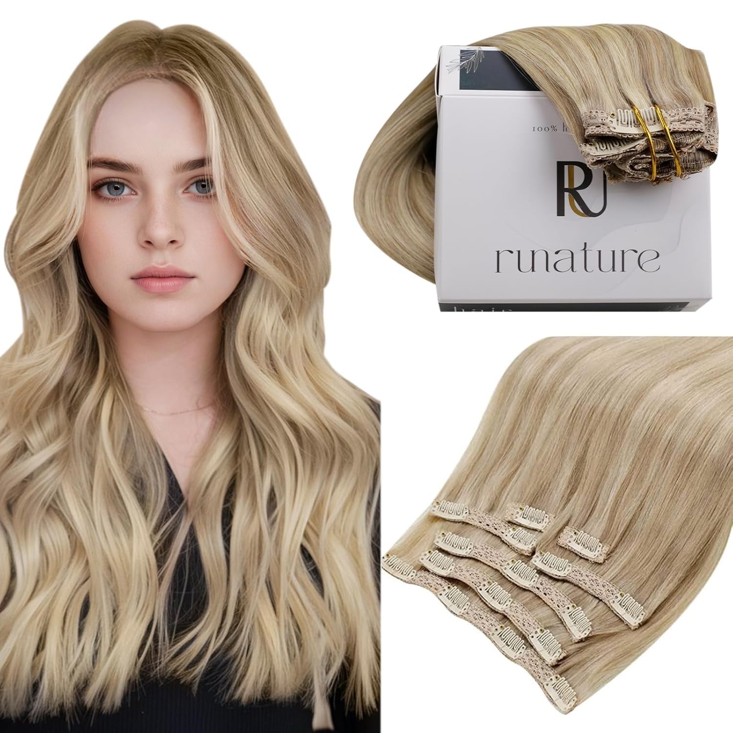 RUNATURE Clip in Hair Extensions Real Human Hair Blonde Highlight Dark Blonde Clip in Extensions Human Hair Blonde Clip in Real Hair Extensions Blonde 120 Gram 7Pcs — image 1